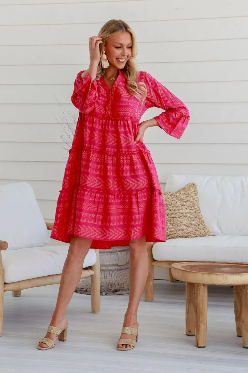 Artisan Hand Loom Cotton Jacquard Dress - Hot Pink/Orange