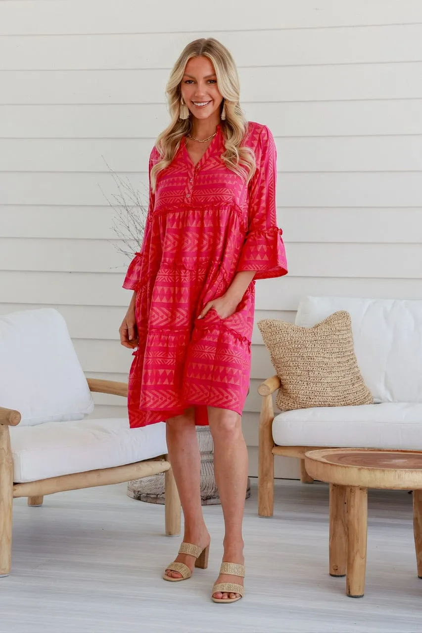 Artisan Hand Loom Cotton Jacquard Dress - Hot Pink/Orange