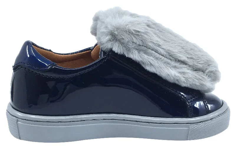 Atlanta Mocassin Girl's and Boy's Patent and Fur Slip-On Step-In Sneakers, Navy Patent/Grey Fur