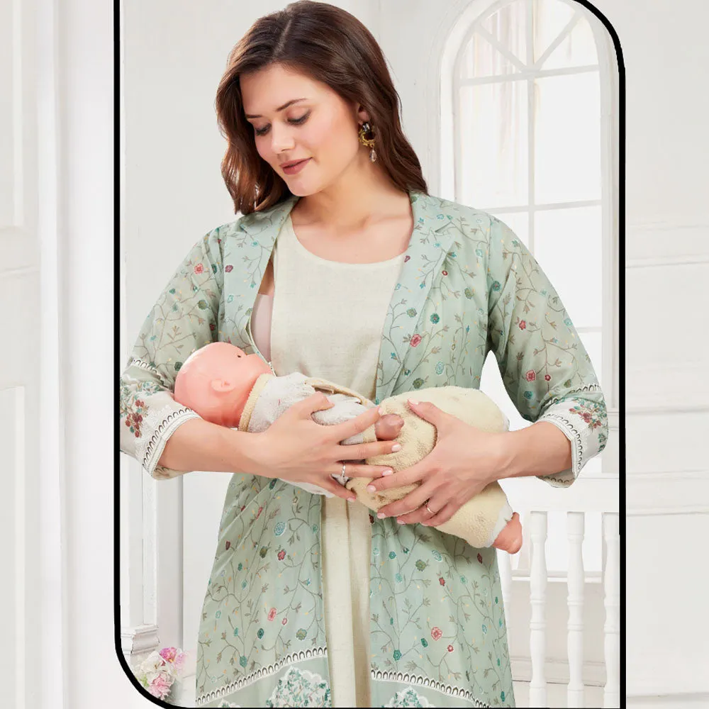 Beige Nursing Maternity Cotton Dress With Floral Printed Shrug