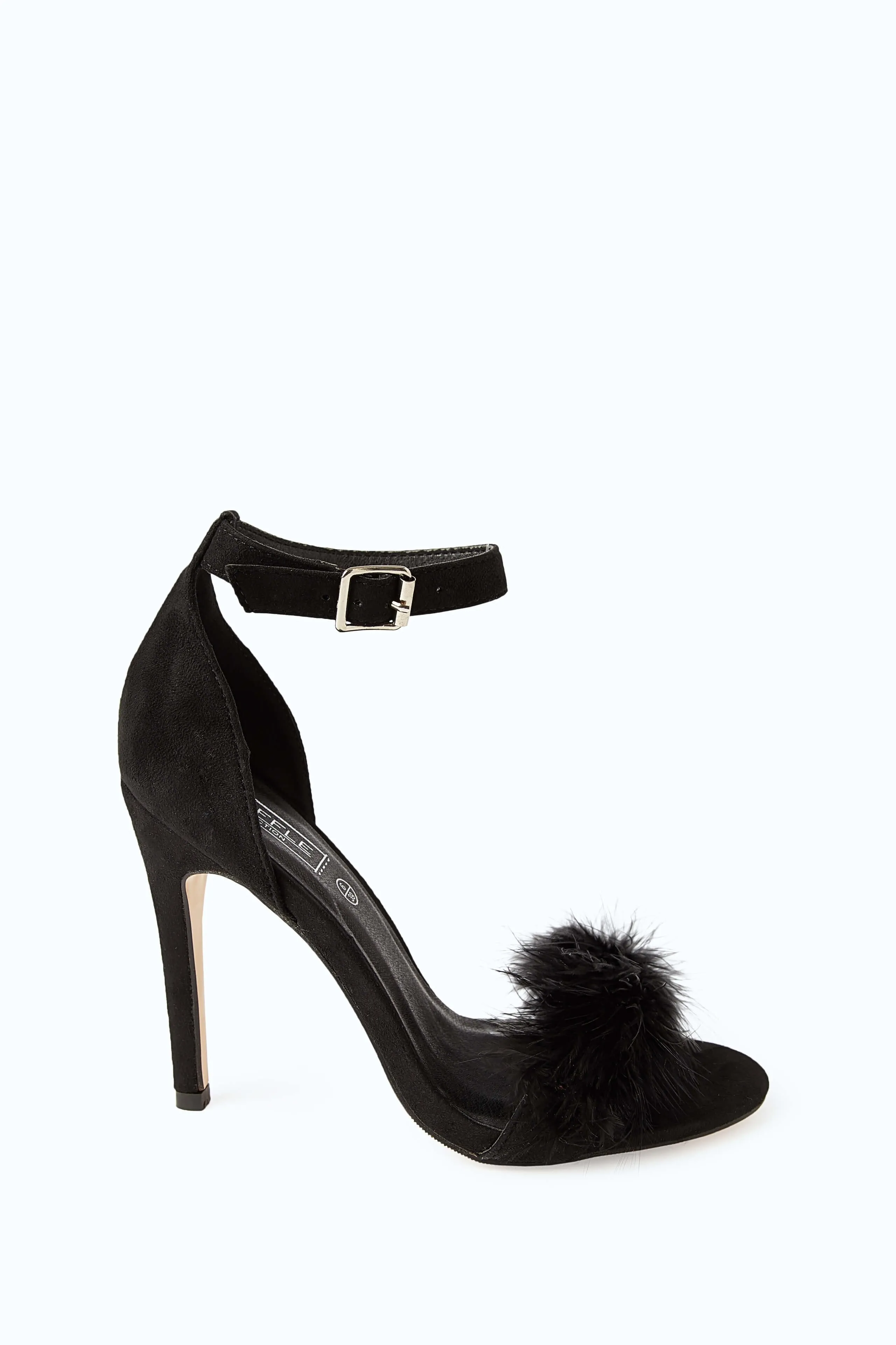 Black Fur Trim Strappy Heeled Sandals