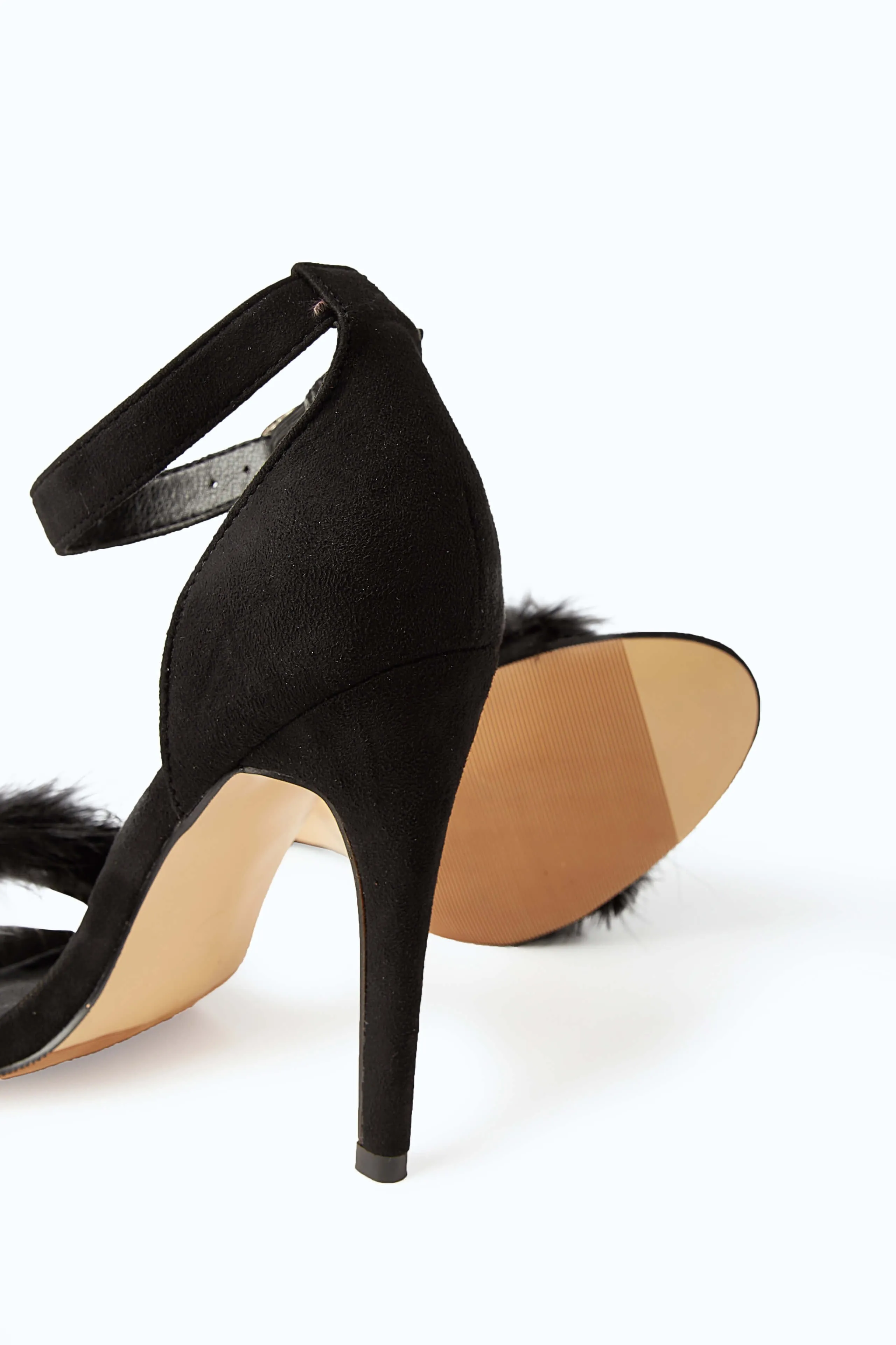 Black Fur Trim Strappy Heeled Sandals