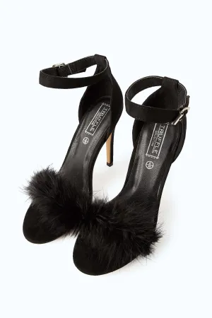 Black Fur Trim Strappy Heeled Sandals