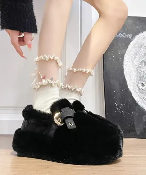 Black Fuzzy Wool Lined Platform Stylish Splicing Flat Shoes TQ048