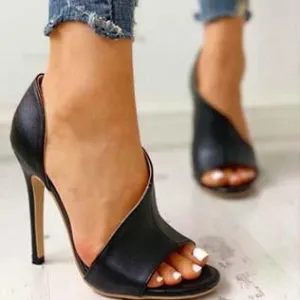 Black Leather High Heel Peep Toe Sandals