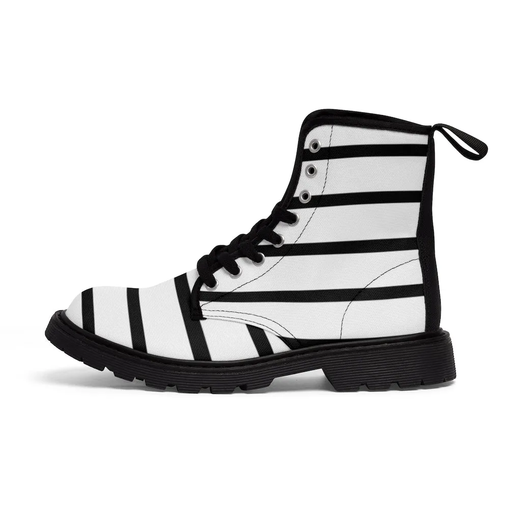 Black Striped Print Men's Boots, Horizontal Stripes Modern Best Hiking Winter Boots Laced Up Shoes For Men