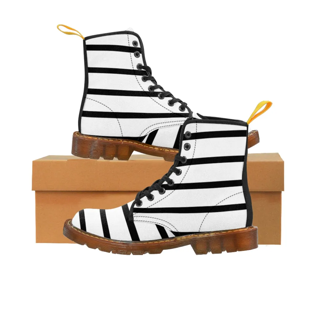 Black Striped Print Men's Boots, Horizontal Stripes Modern Best Hiking Winter Boots Laced Up Shoes For Men