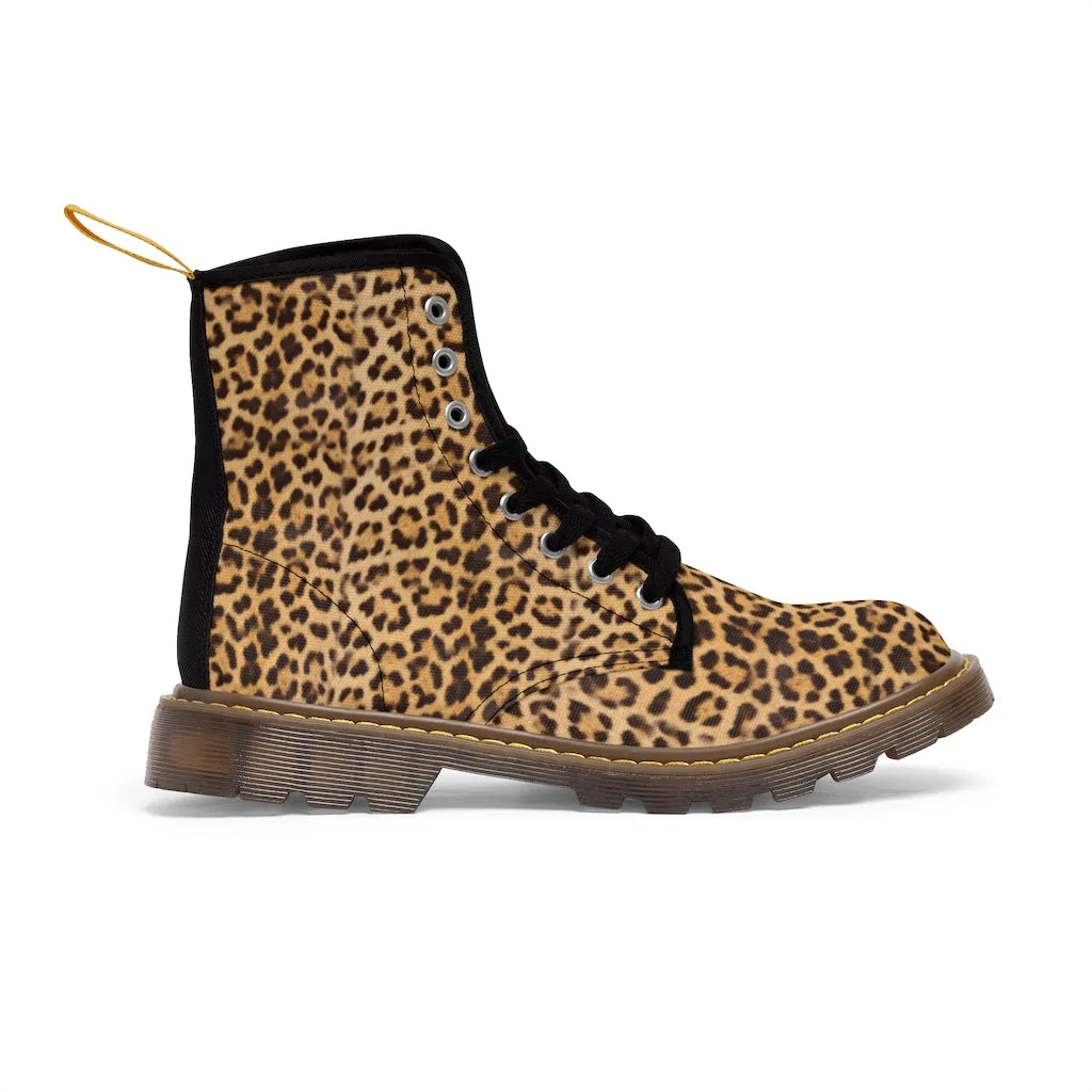 Brown Leopard Men's Canvas Boots, Animal Print Designer Winter Laced-up Boots For Men