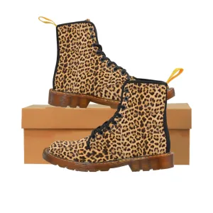 Brown Leopard Men's Canvas Boots, Animal Print Designer Winter Laced-up Boots For Men