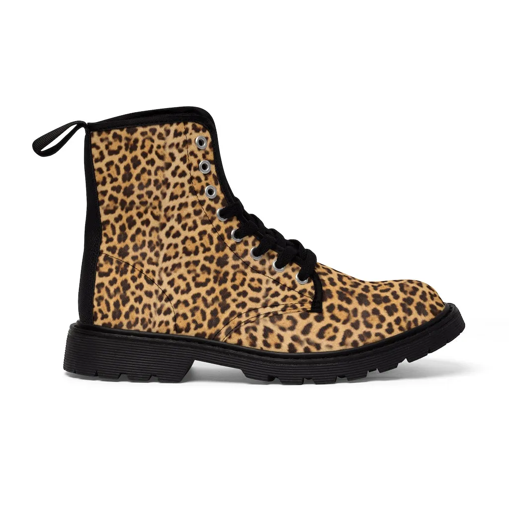 Brown Leopard Men's Canvas Boots, Animal Print Designer Winter Laced-up Boots For Men