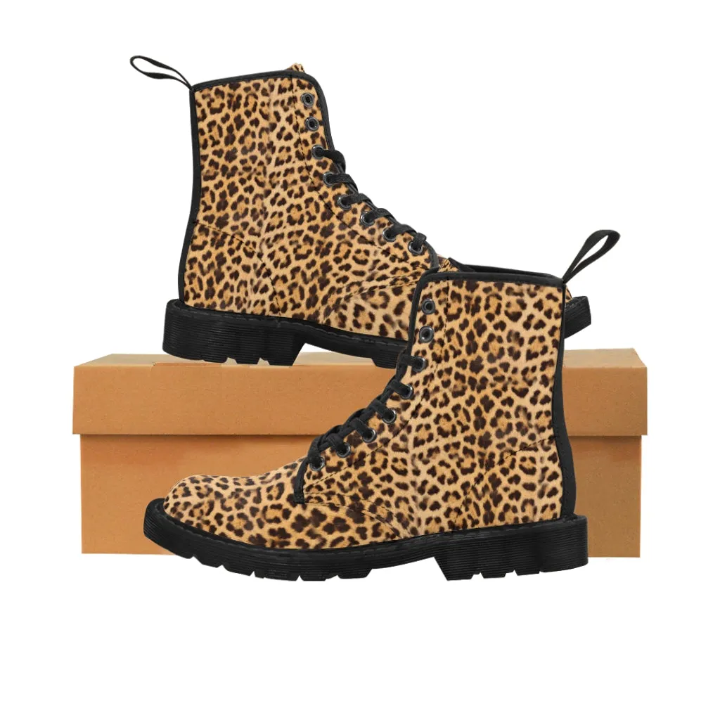 Brown Leopard Men's Canvas Boots, Animal Print Designer Winter Laced-up Boots For Men