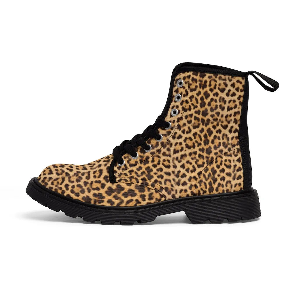 Brown Leopard Men's Canvas Boots, Animal Print Designer Winter Laced-up Boots For Men