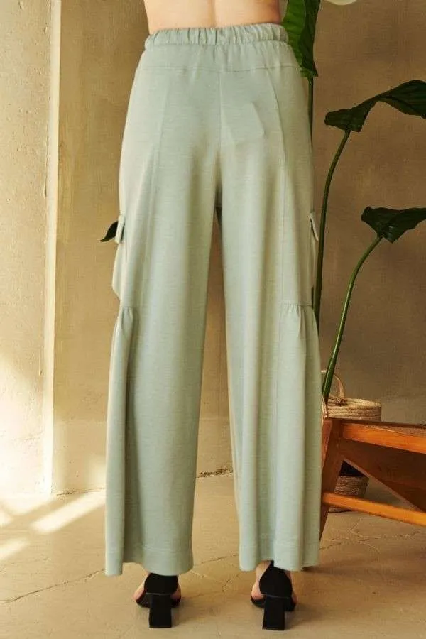 Davi & Dani Sage Green Ruch Detailed Wide Leg Pants