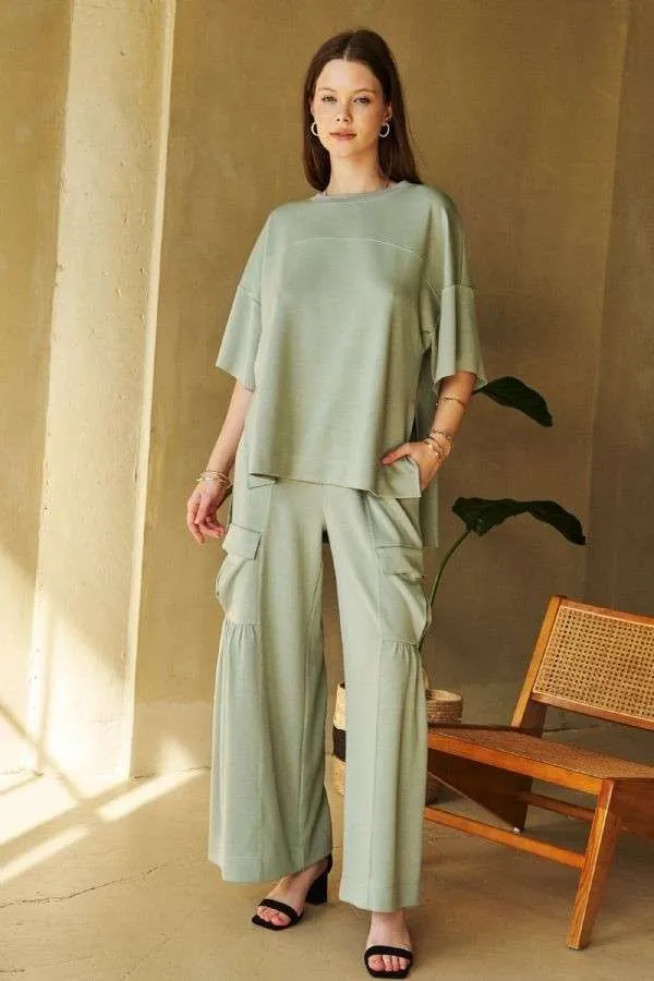 Davi & Dani Sage Green Ruch Detailed Wide Leg Pants