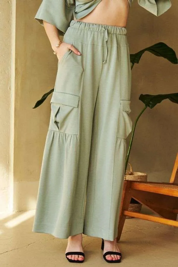 Davi & Dani Sage Green Ruch Detailed Wide Leg Pants