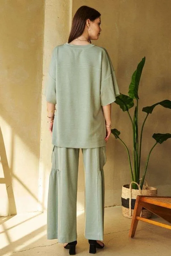 Davi & Dani Sage Green Ruch Detailed Wide Leg Pants