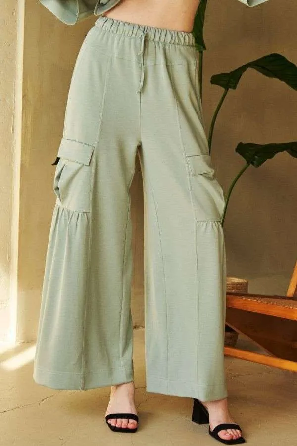 Davi & Dani Sage Green Ruch Detailed Wide Leg Pants