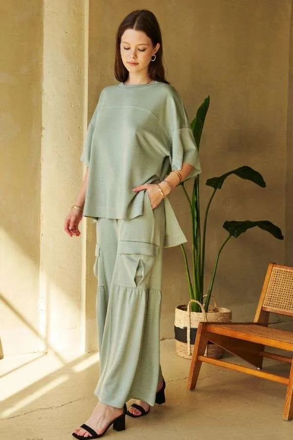 Davi & Dani Sage Green Ruch Detailed Wide Leg Pants