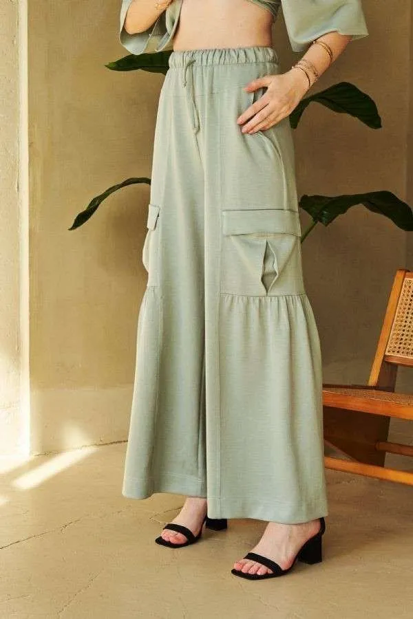 Davi & Dani Sage Green Ruch Detailed Wide Leg Pants