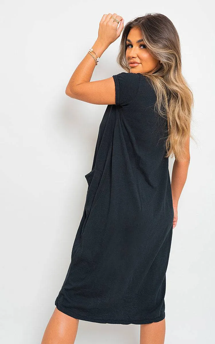 Front Pockets Short Sleeve Midi Dress