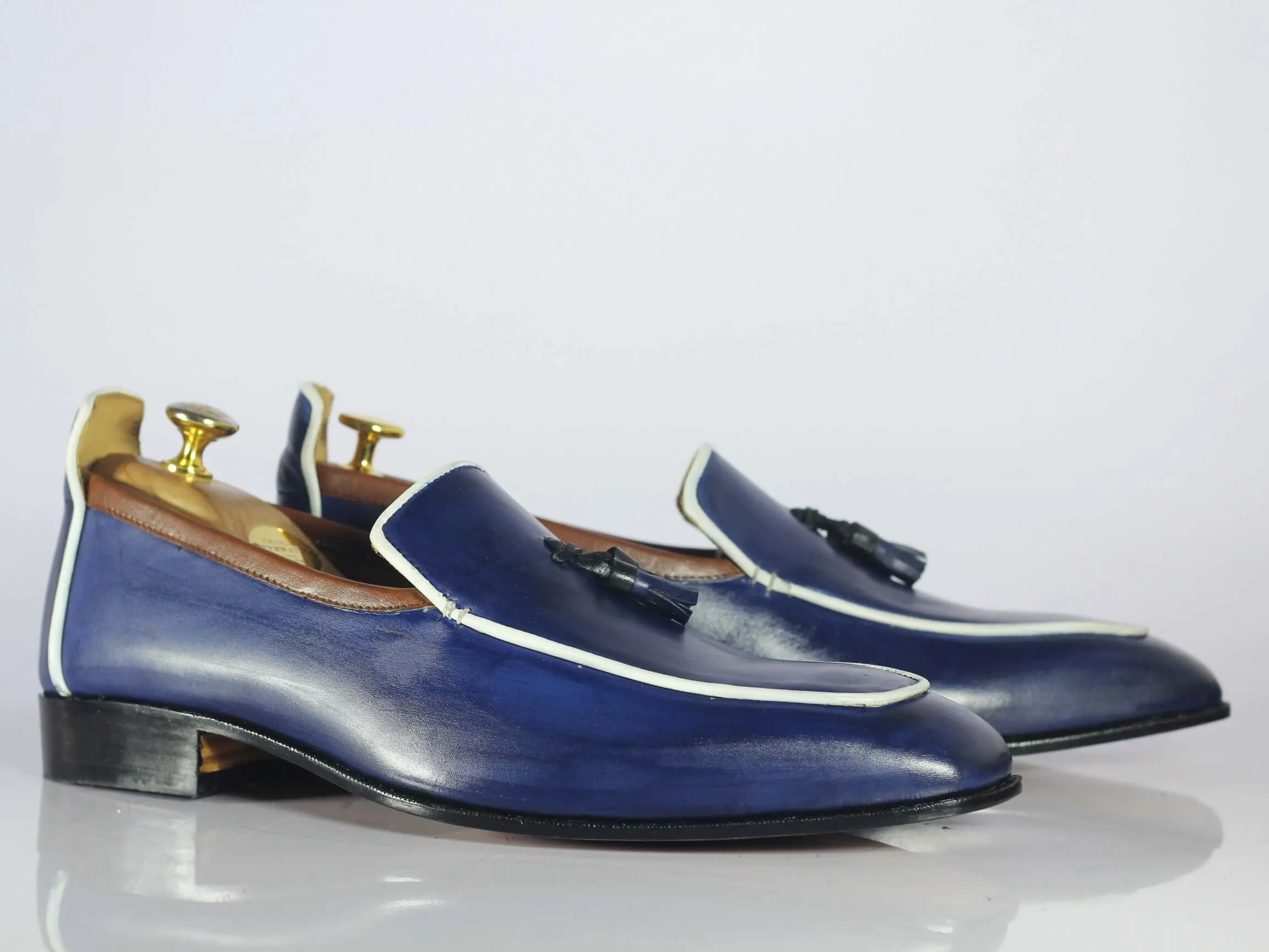 Handmade Men's Blue Leather Loafer Shoes, Men Tussle Stylish Designer Shoes