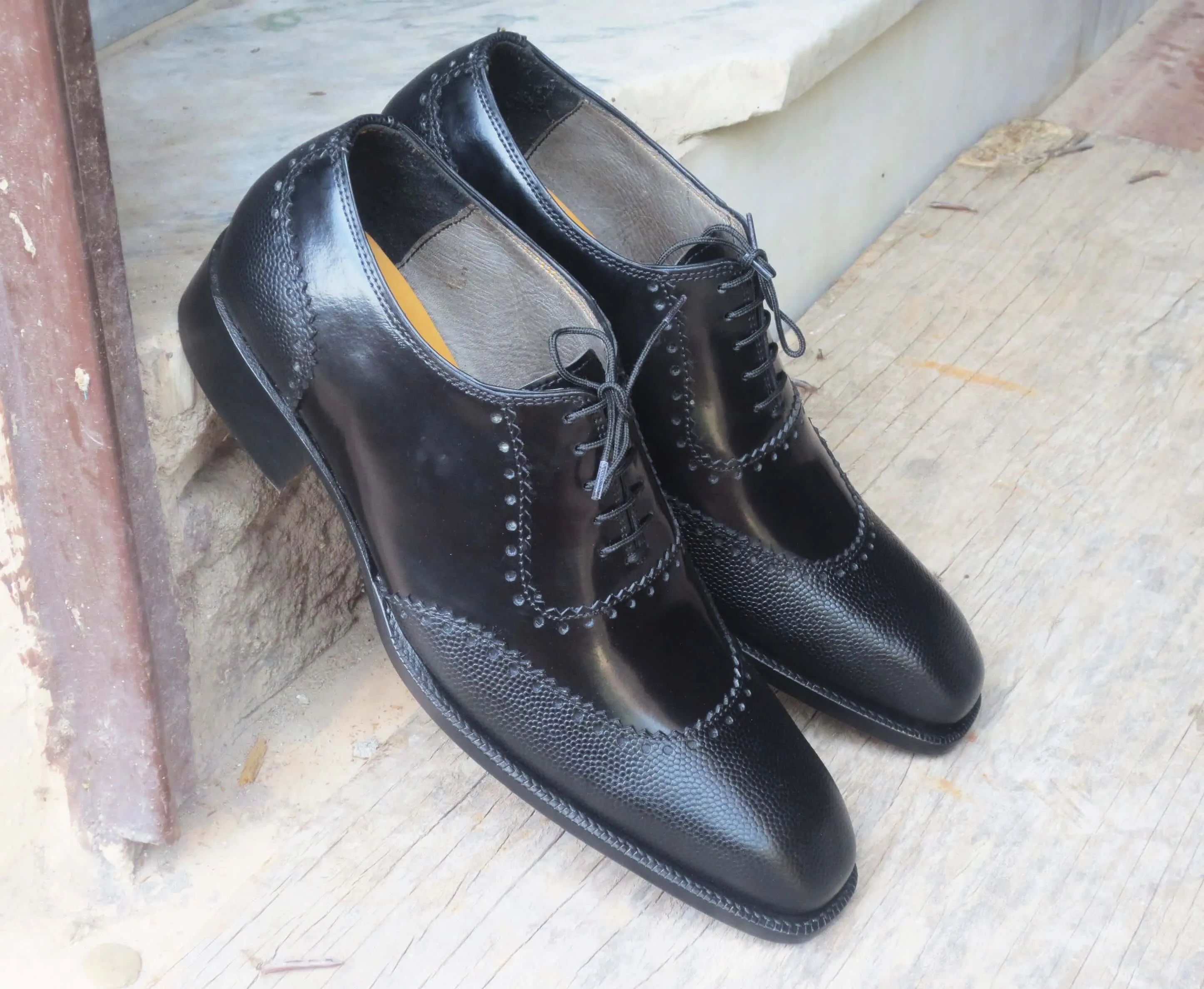 Handmade Men’s Pebbled Leather Round Toe Stylish Lace Up Shoes, Men’s Black Color Stylish Shoes