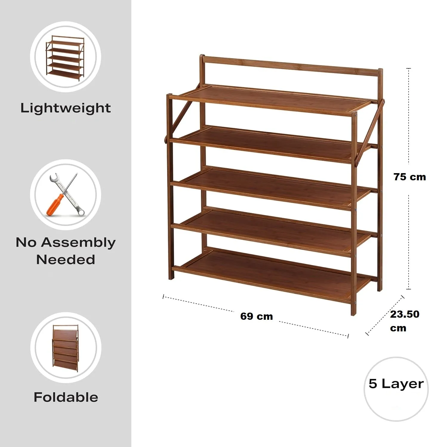 Krishyam® 5-Tier Free Standing Shoe Racks, Stackable Bamboo Wood Shoe Rack Durable Shoe Shelf Holder, Functional Sturdy Shoe Organizer (5 FOLDING SHELVES BAMBOO)