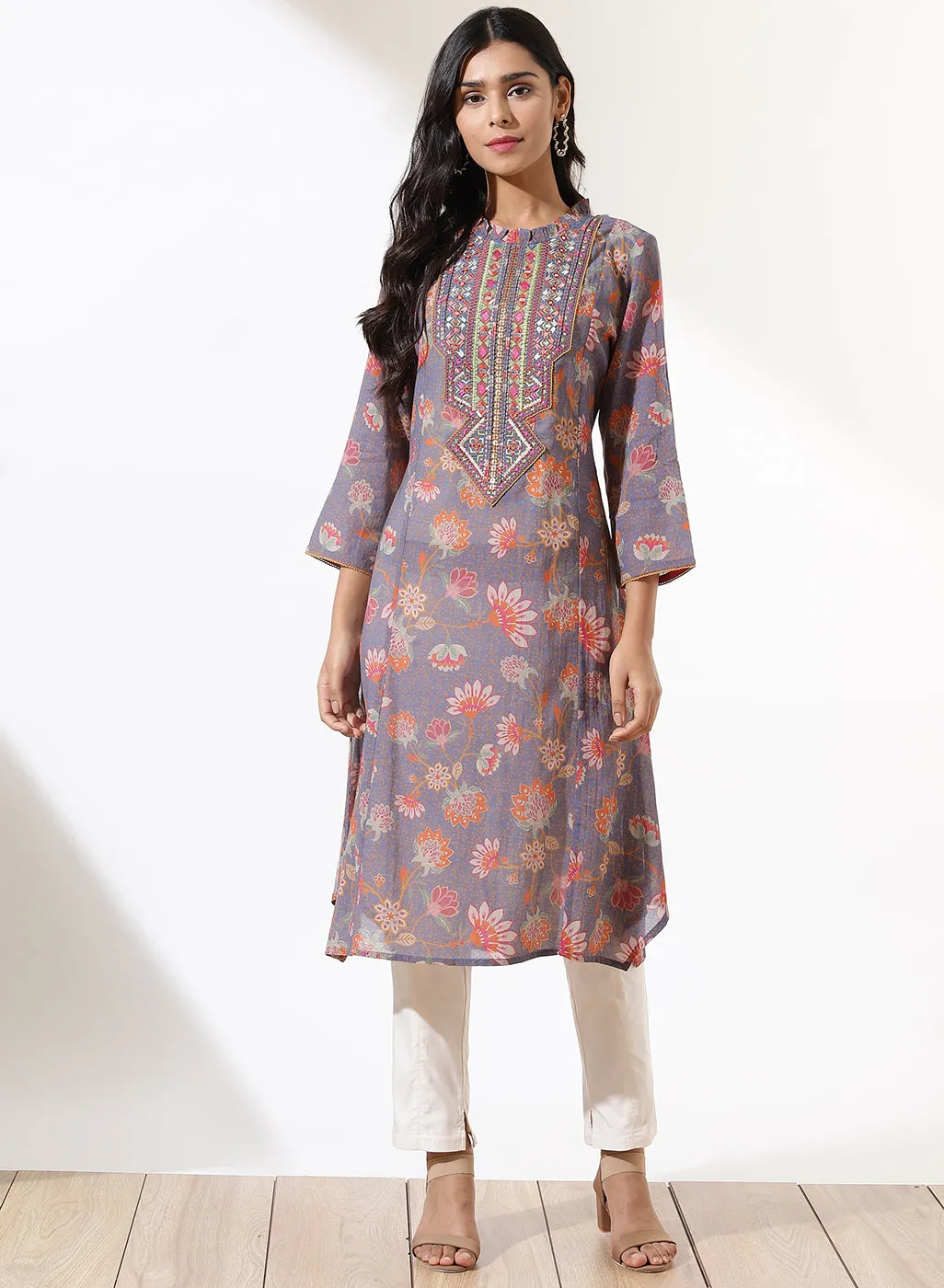 Lavender Dhaage Collection Printed Kurta With Embroidery