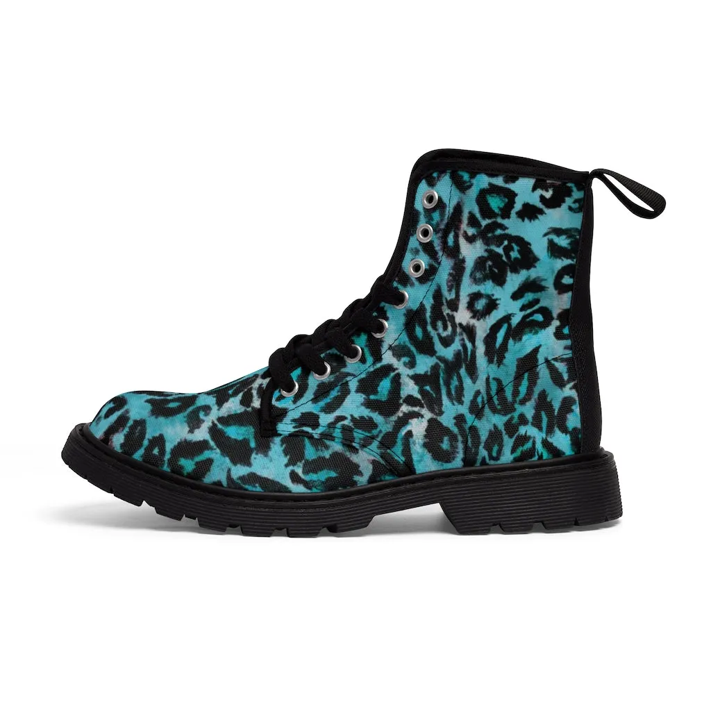 Light Blue Leopard Men's Boots, Best Animal Print Winter Boots Laced Up Shoes For Men