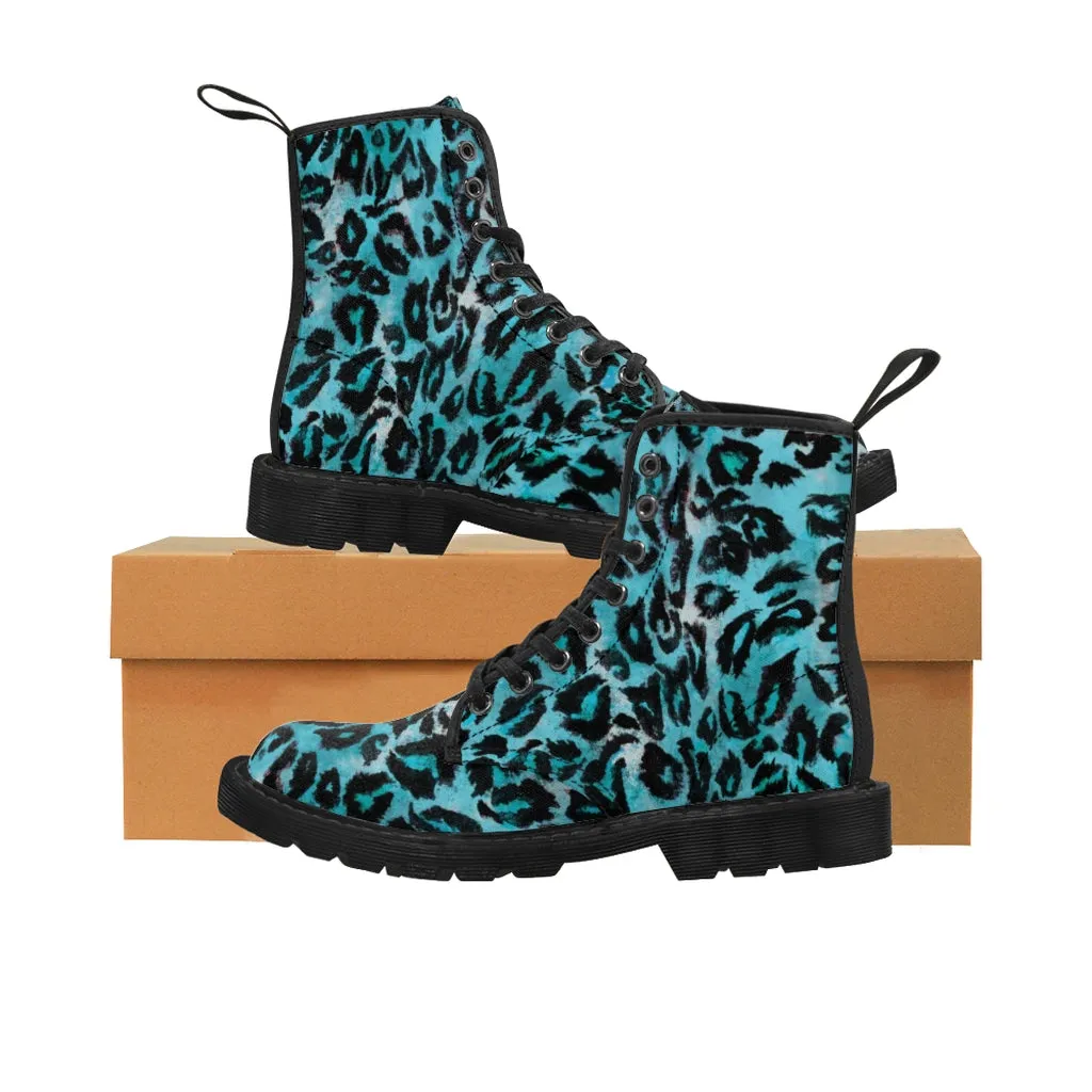 Light Blue Leopard Men's Boots, Best Animal Print Winter Boots Laced Up Shoes For Men