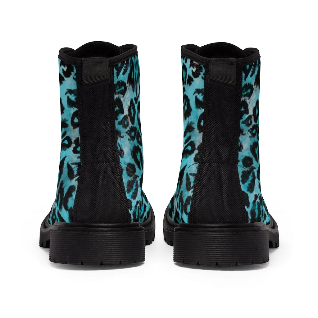 Light Blue Leopard Men's Boots, Best Animal Print Winter Boots Laced Up Shoes For Men