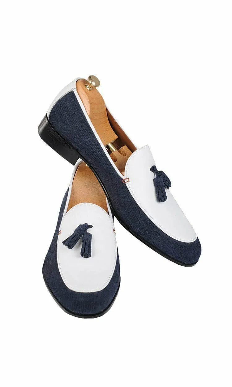 Men's Stylish Blue & White Handmade Tassel Loafer Leather Shoes, custom dress shoe for men