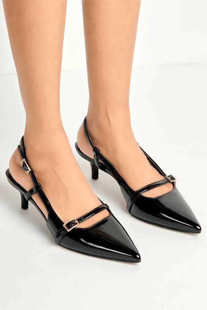 Moranna Buckle Strap Kitten Heel Court Shoes in Black