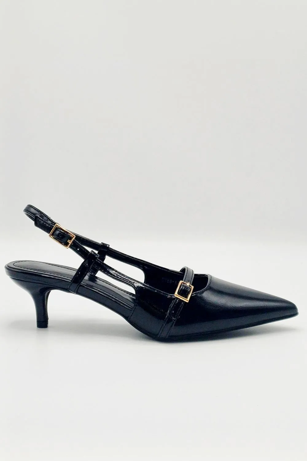 Moranna Buckle Strap Kitten Heel Court Shoes in Black