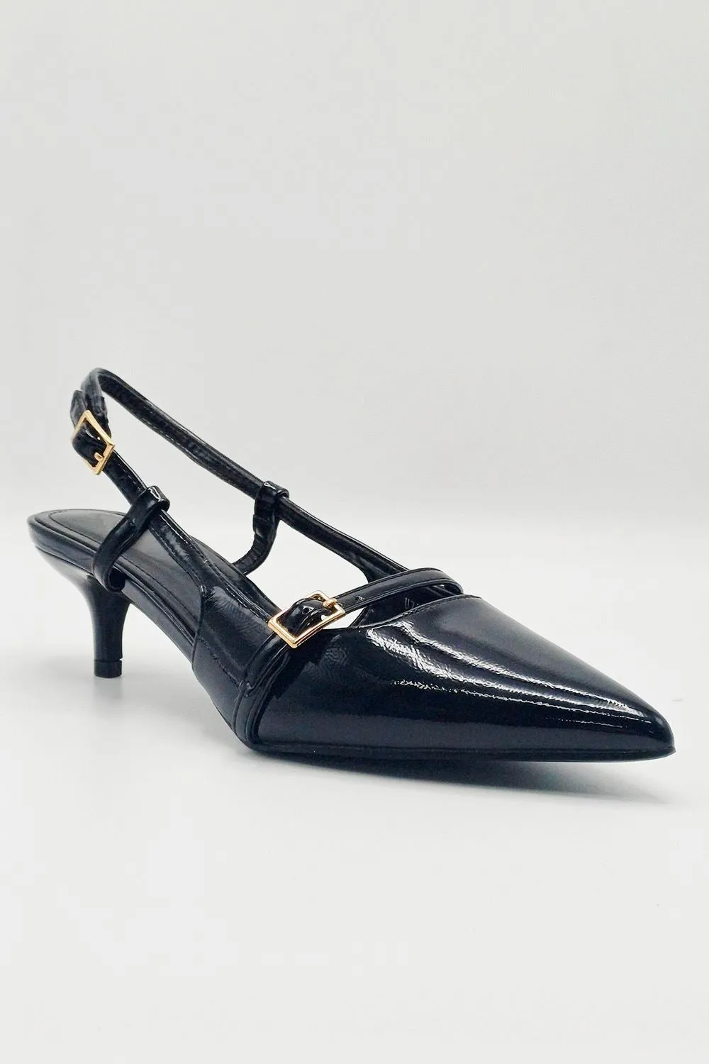 Moranna Buckle Strap Kitten Heel Court Shoes in Black