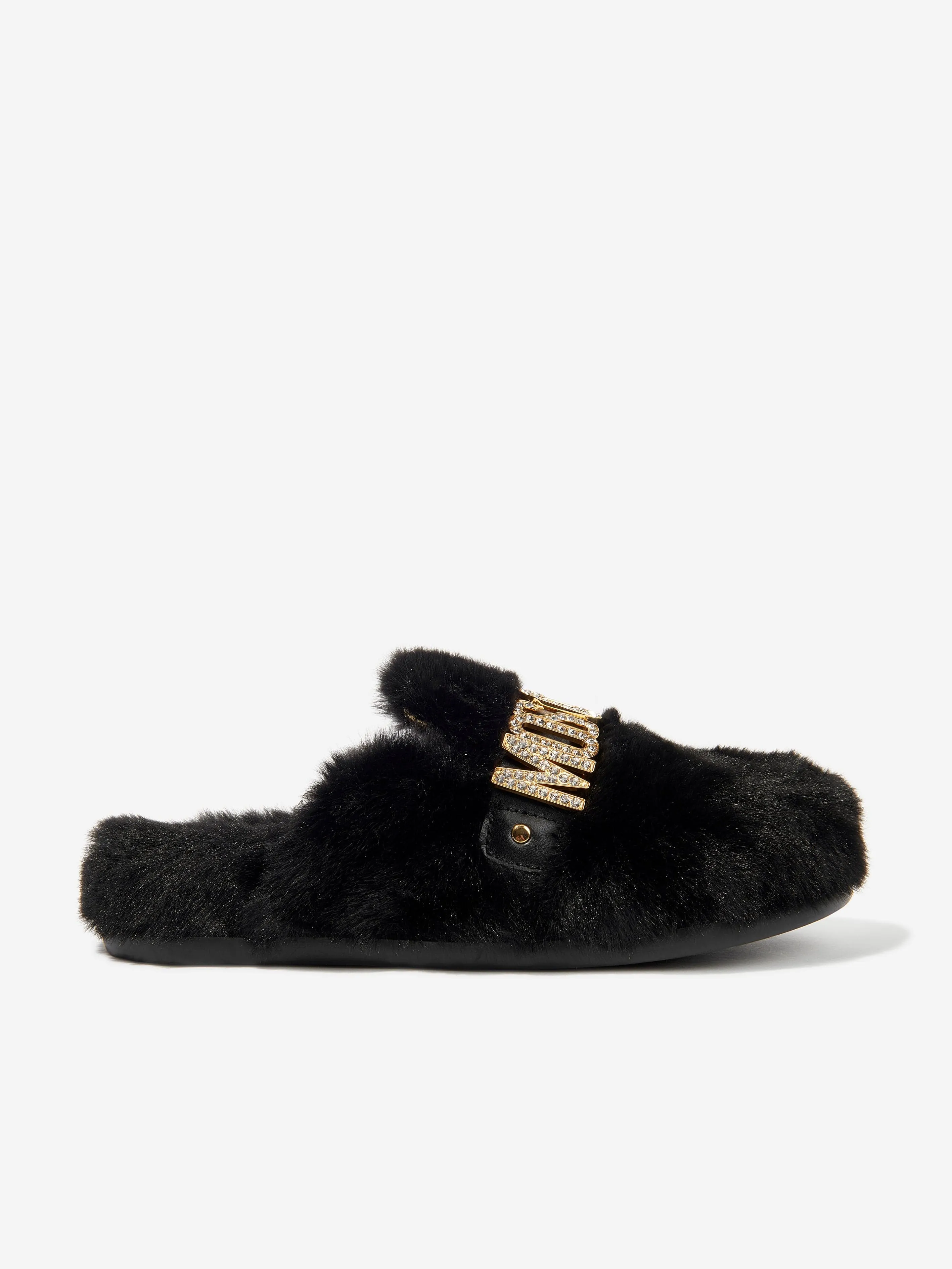 Moschino Girls Faux Fur Logo Slippers in Black