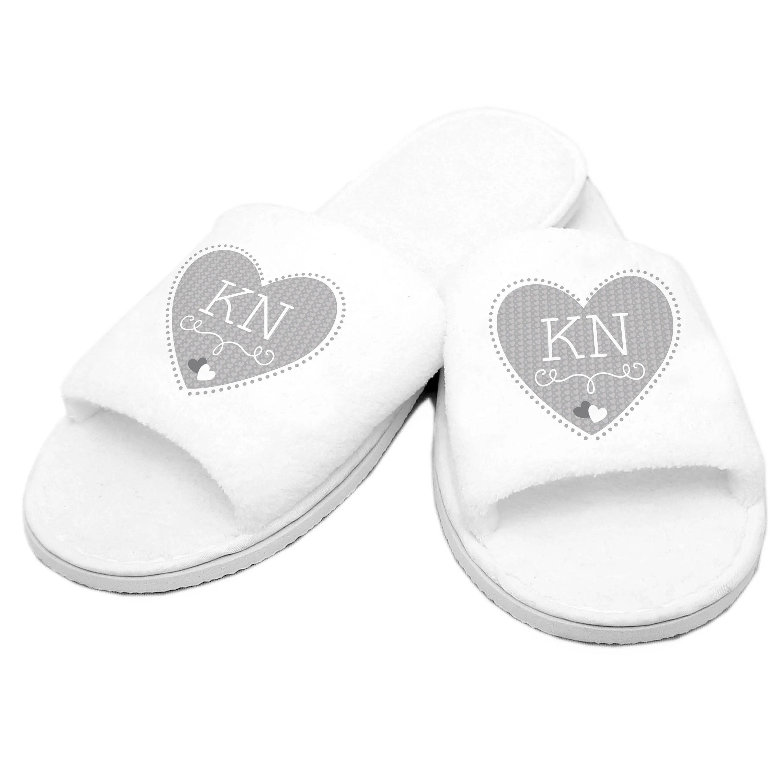 Personalised Grey Heart Initials Velour Slippers