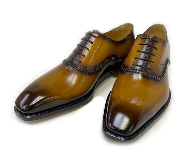 "Daniel" Burnished Calfskin Lace-Up Oxford Caramel