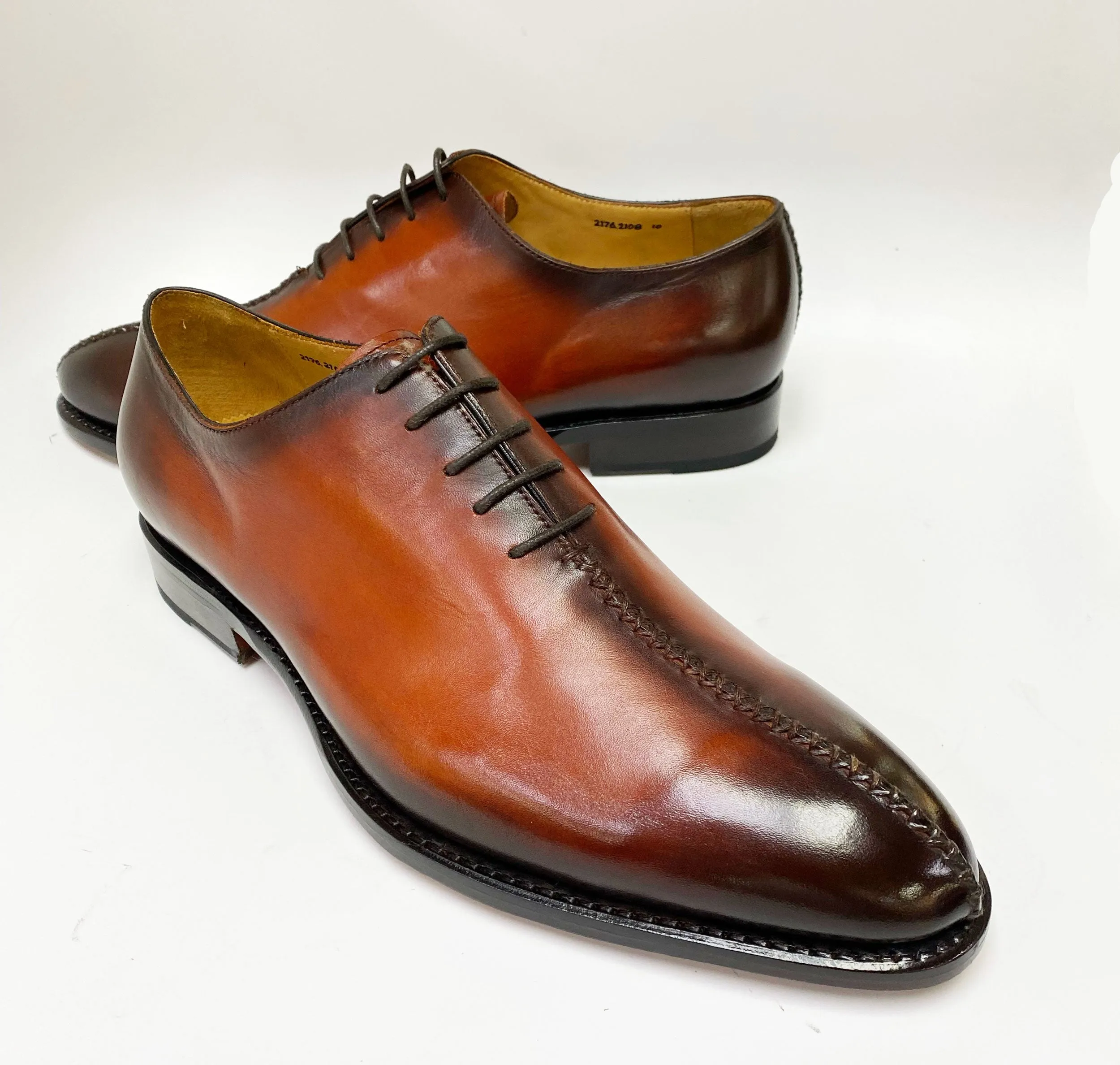 "Derrick" Burnished Calfskin Lace-Up Oxford Camel