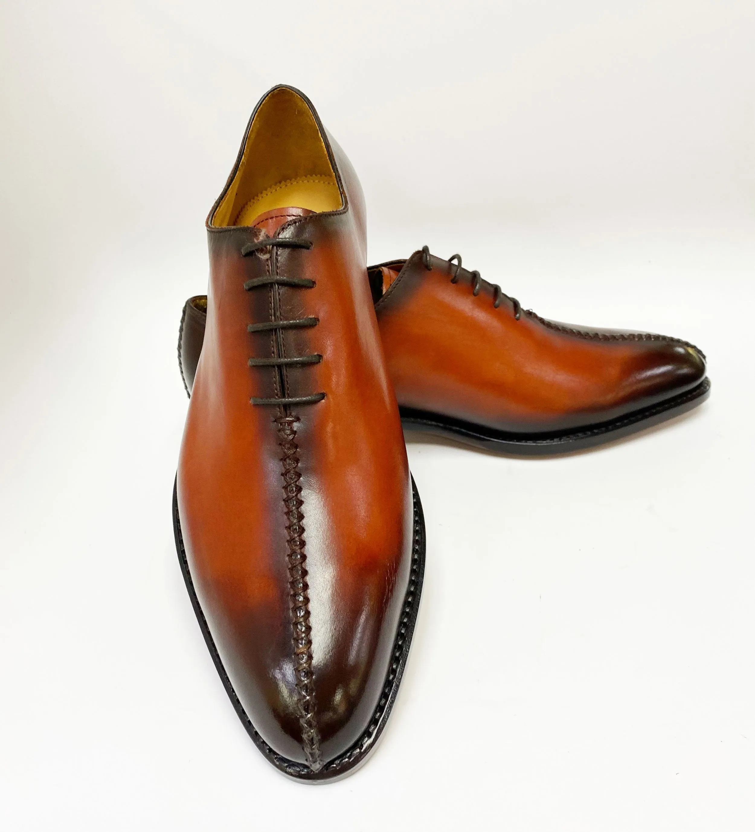 "Derrick" Burnished Calfskin Lace-Up Oxford Camel