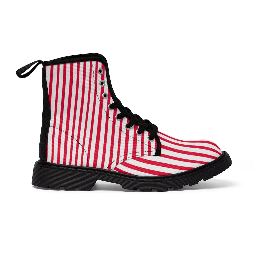 Red Striped Print Men's Boots, White Red Stripes Best Hiking Winter Boots Laced Up Shoes For Men