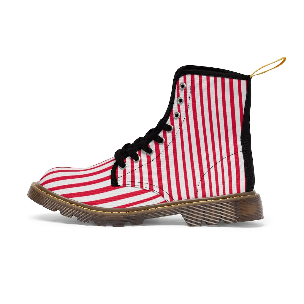 Red Striped Print Men's Boots, White Red Stripes Best Hiking Winter Boots Laced Up Shoes For Men