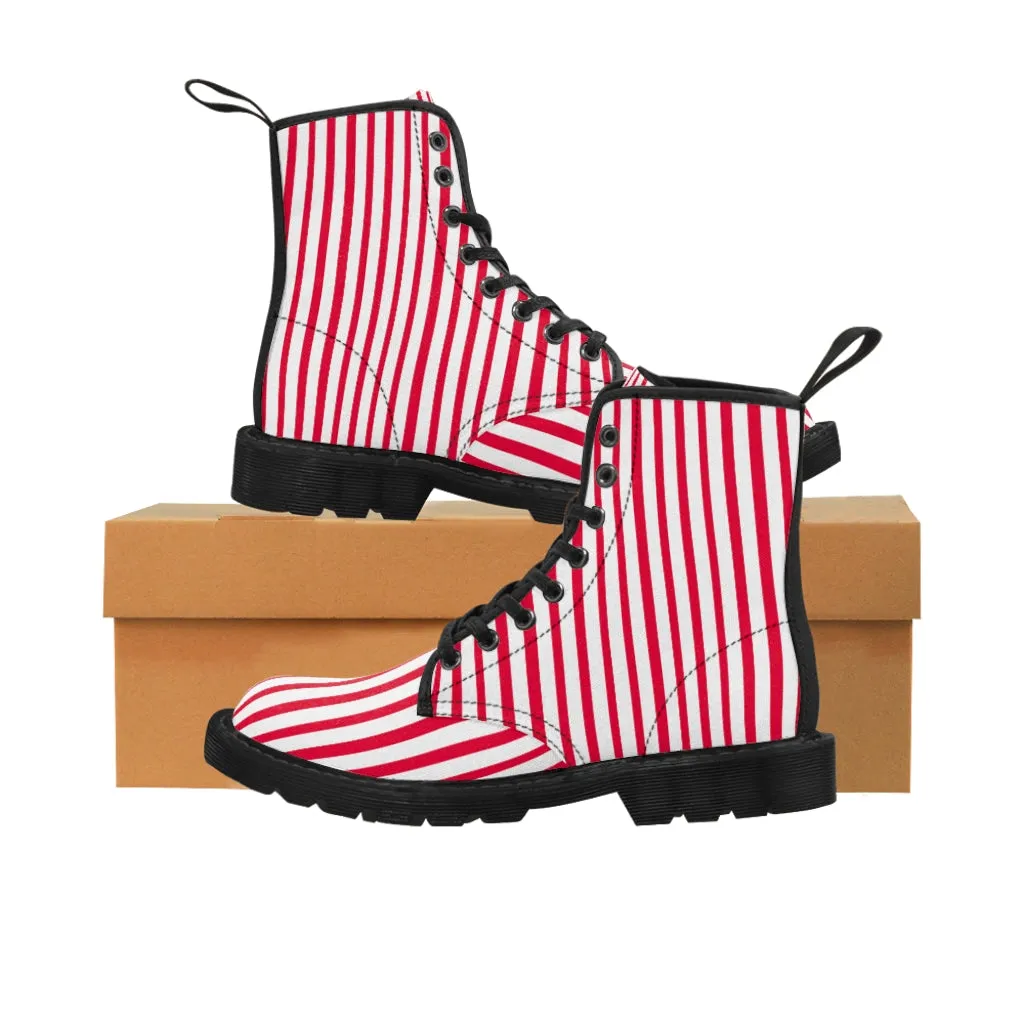 Red Striped Print Men's Boots, White Red Stripes Best Hiking Winter Boots Laced Up Shoes For Men