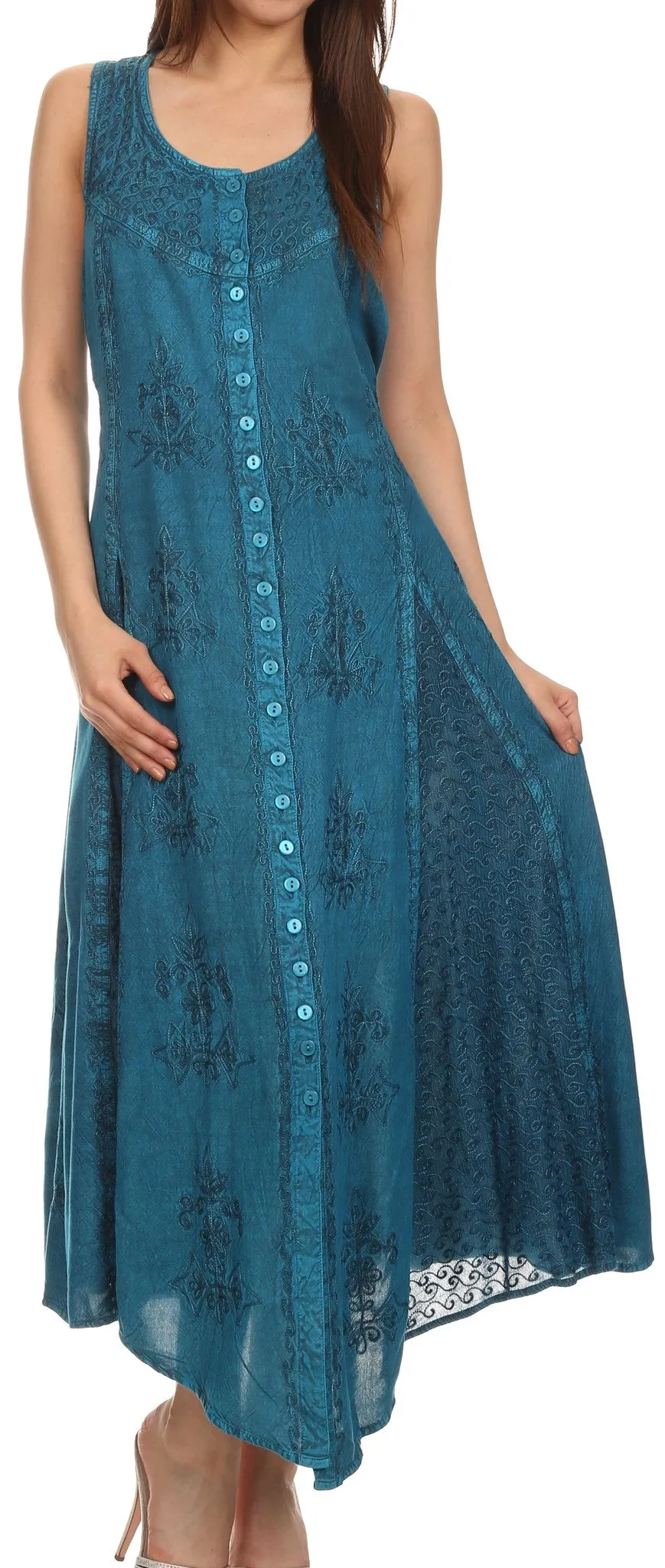 Sakkas Beverlee Embroidered Button Down Sleeveless Caftan Dress