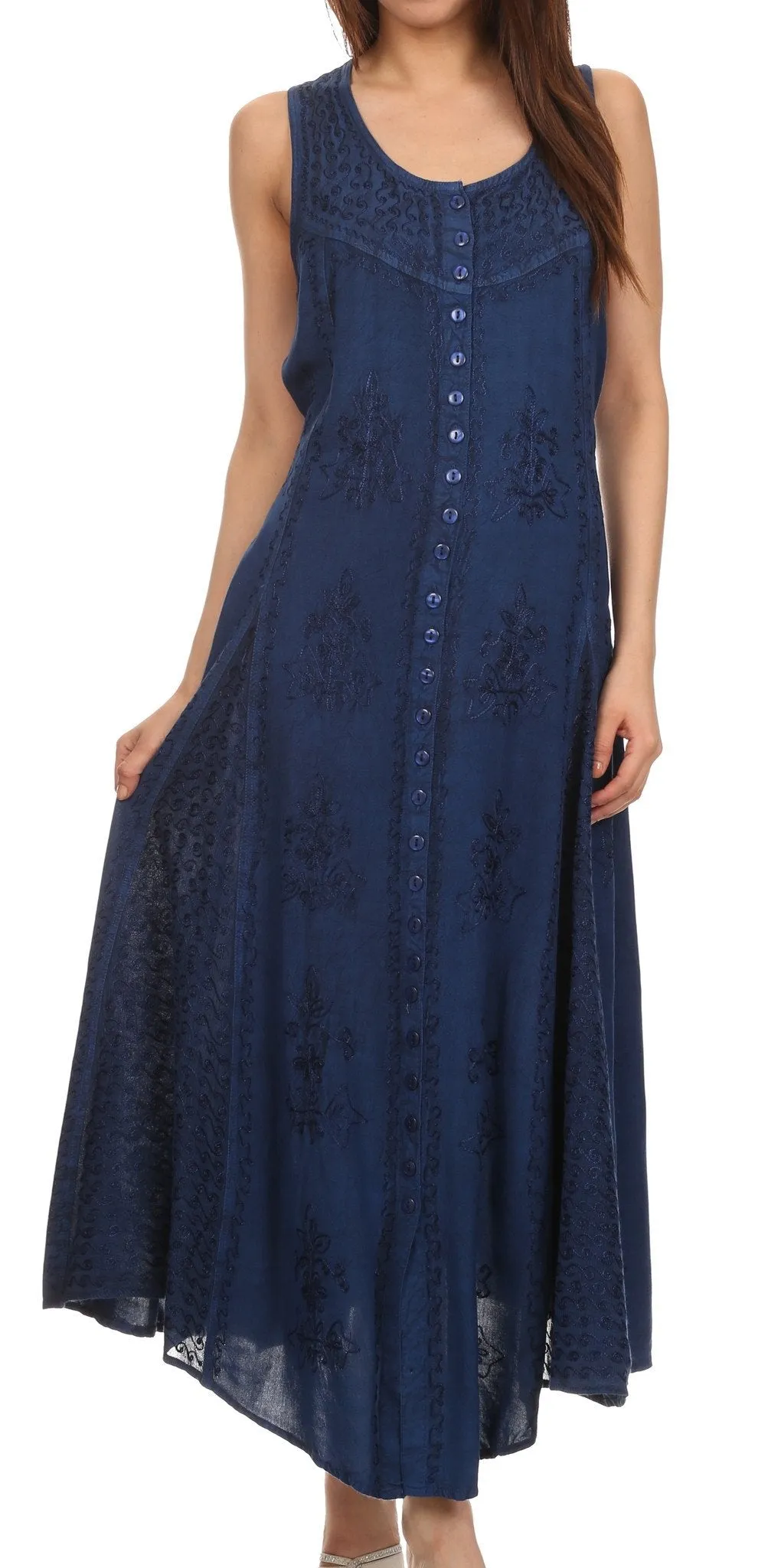 Sakkas Beverlee Embroidered Button Down Sleeveless Caftan Dress