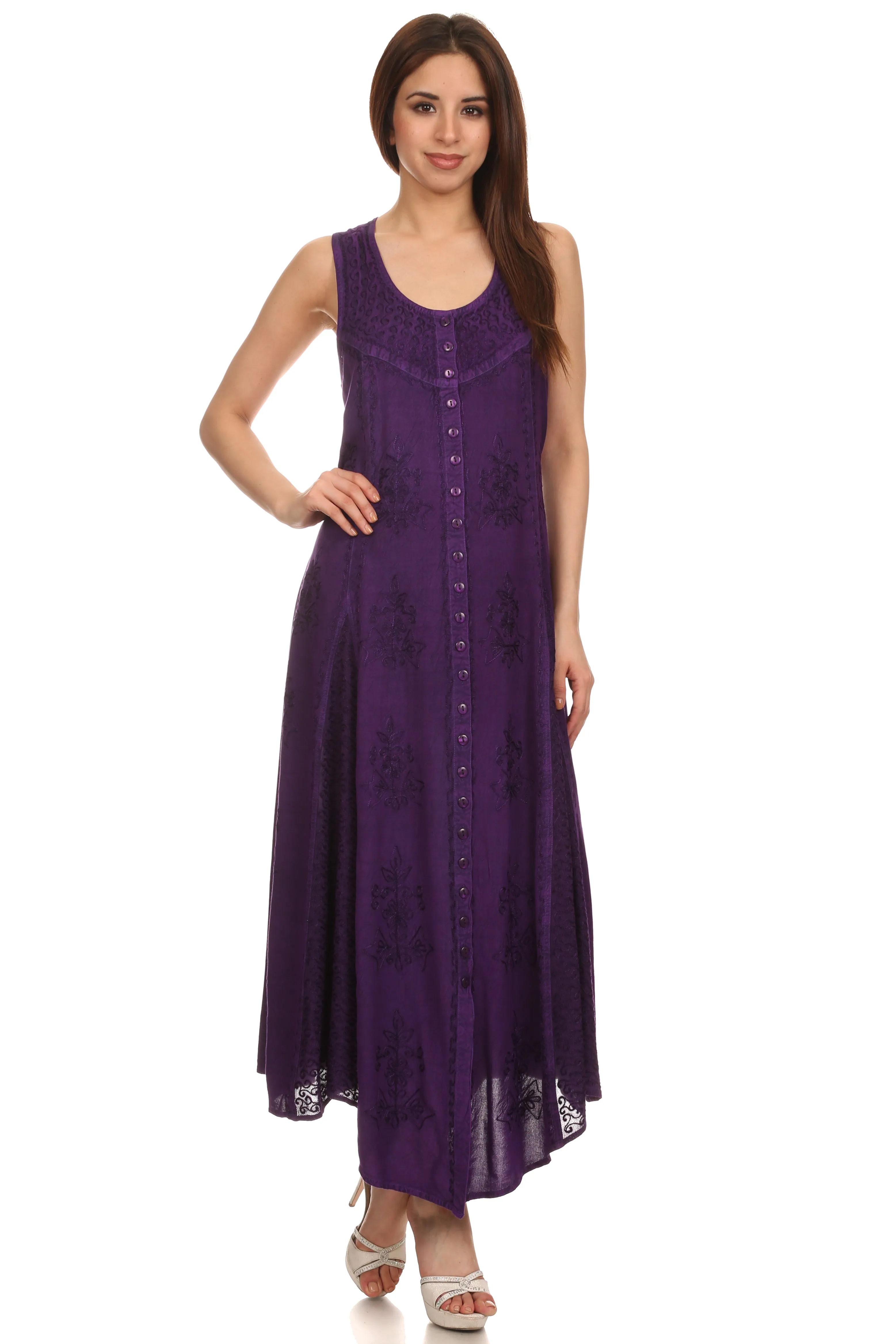 Sakkas Beverlee Embroidered Button Down Sleeveless Caftan Dress