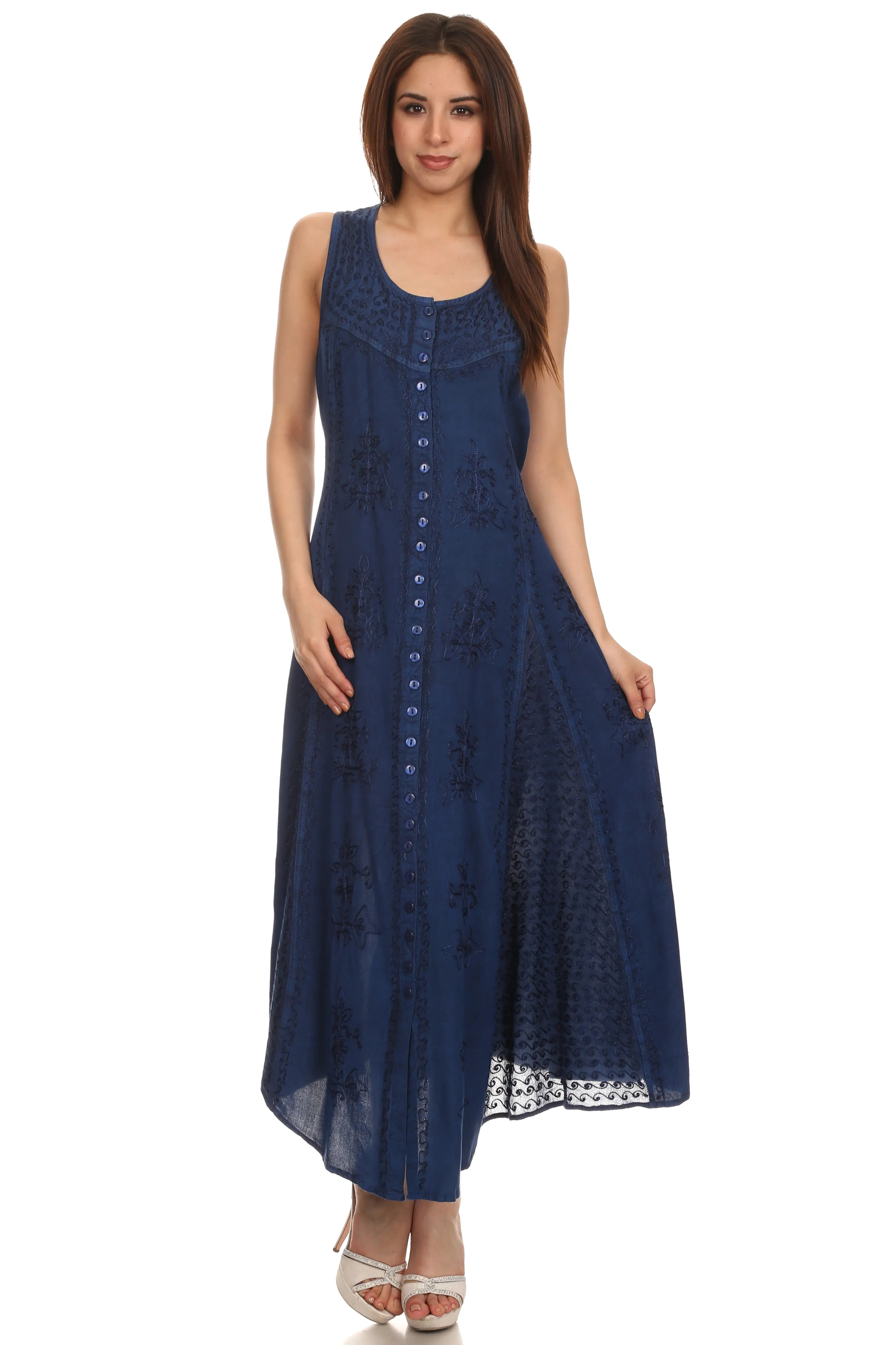 Sakkas Beverlee Embroidered Button Down Sleeveless Caftan Dress