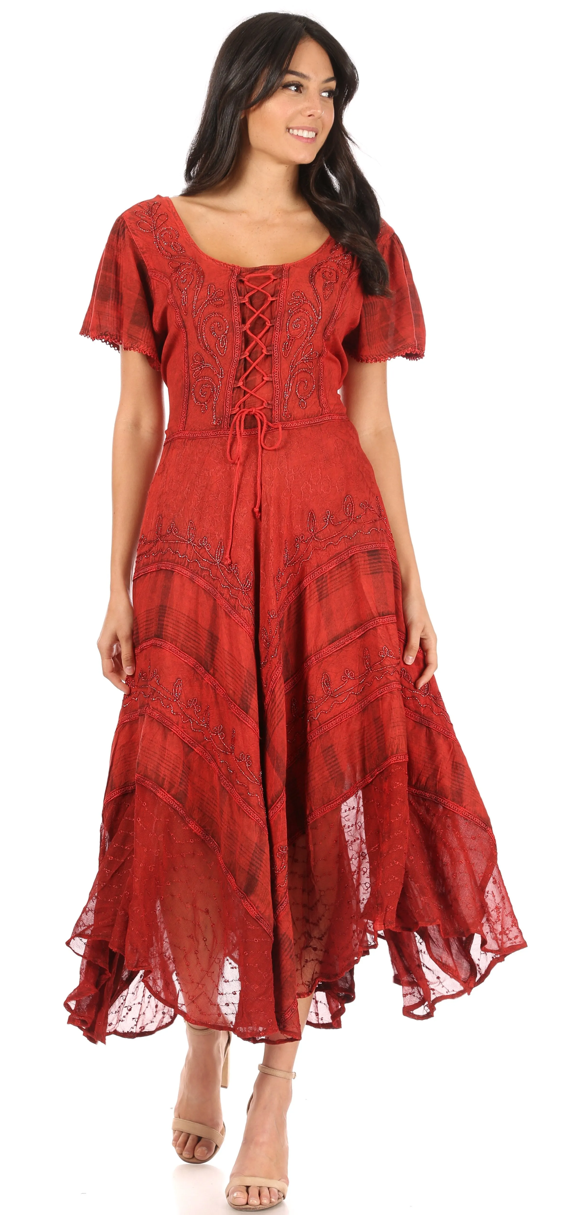 Sakkas Mila Long Corset Embroidered Cap Sleeve Dress With Adjustable Waist