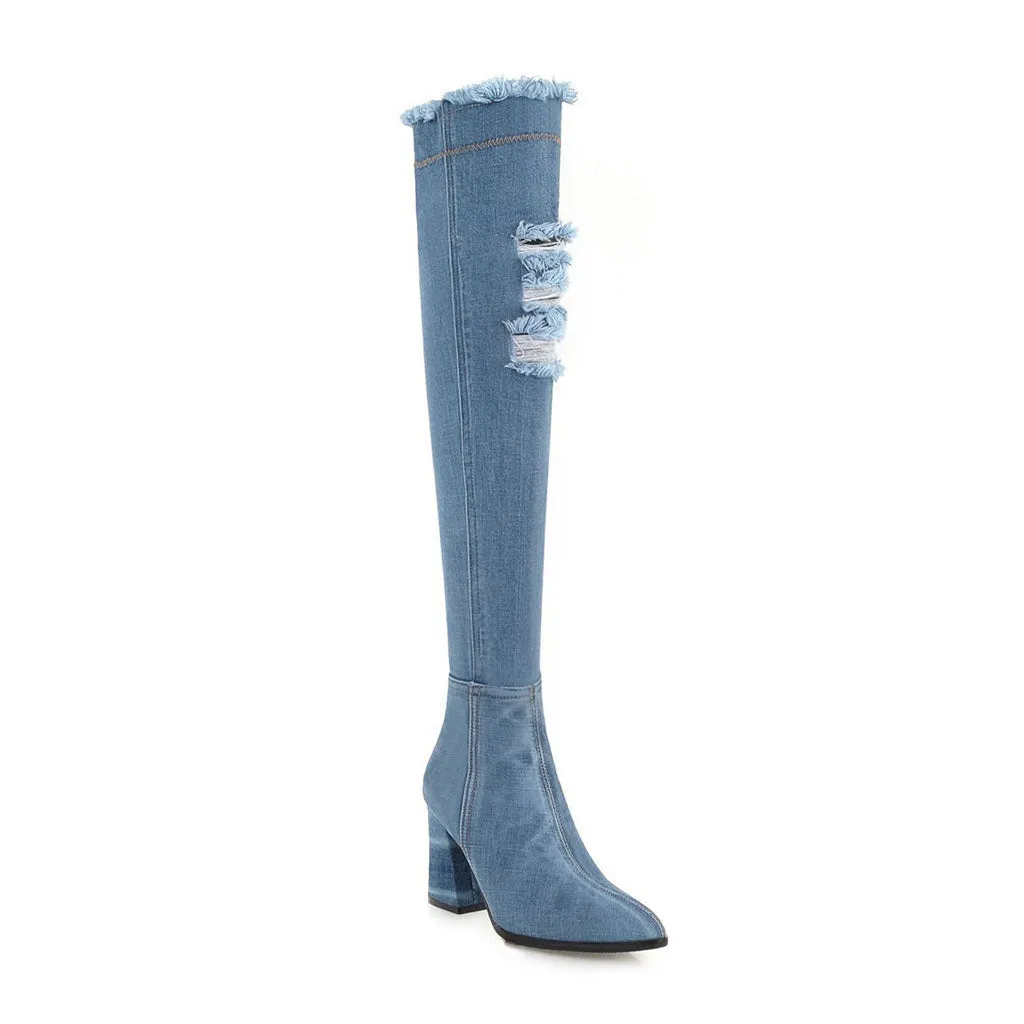 Stylish Distressed Denim Over Knee Pointed Toe Block Heel Boots - Light Blue