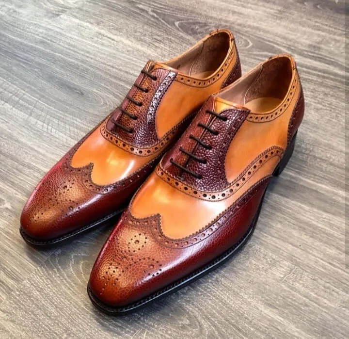 Stylish Handmade Men's Brown & Tan Color Leather Wing Tip Brogue Dress Formal Lace Up Shoes